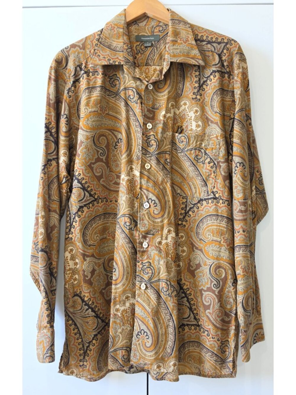 Ermenegildo Zegna Mens Large Paisley Shirt 100% Cotton Brown Gold Long